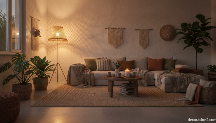 Lámparas étnicas creando un ambiente cálido e íntimo en un salón