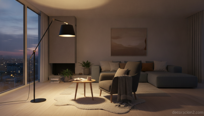 Lámpara orientable iluminando un salón moderno con luz cálida