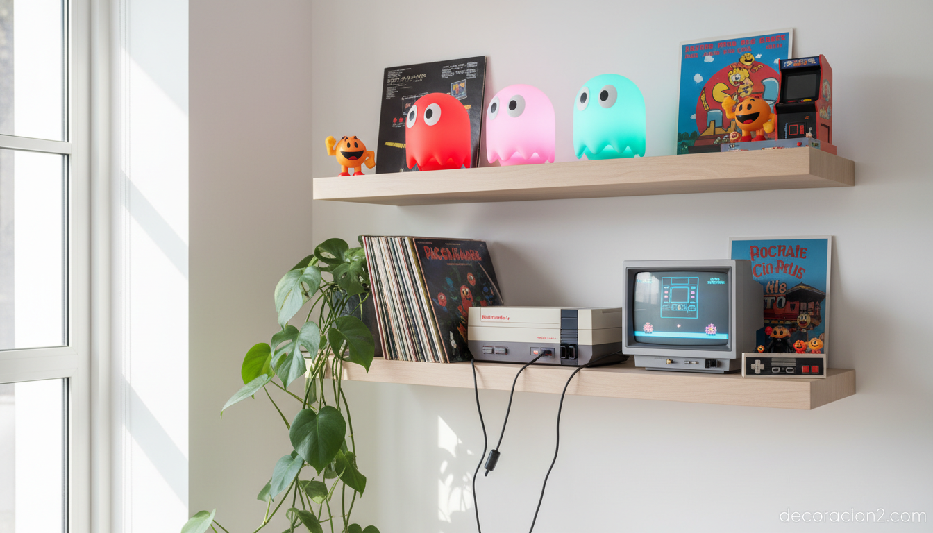 Lámparas Pac-Man de colores sobre una estantería en un estudio de estilo retro-gaming