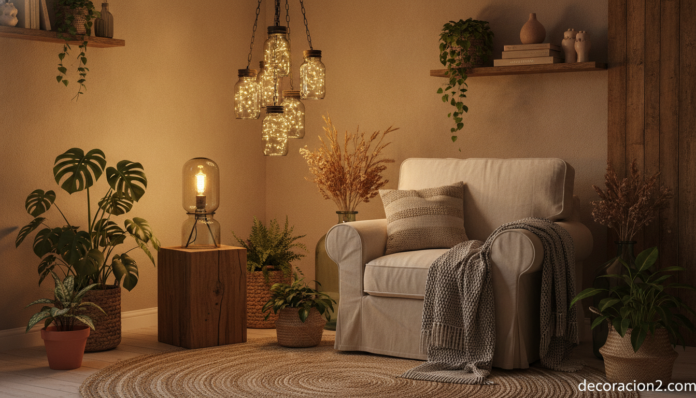 Rincón decorado con lámparas recicladas hechas con tarros y botellas de cristal