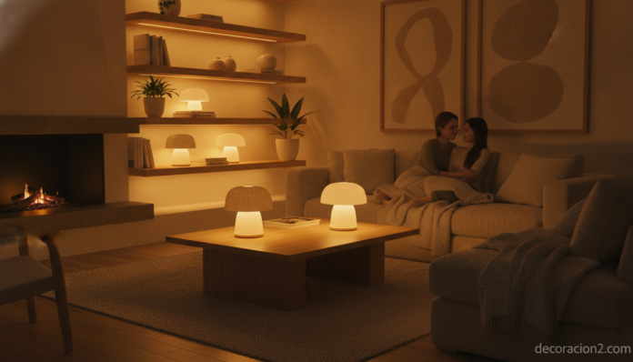 Lámparas sin cables iluminando un salón con luz cálida por la noche