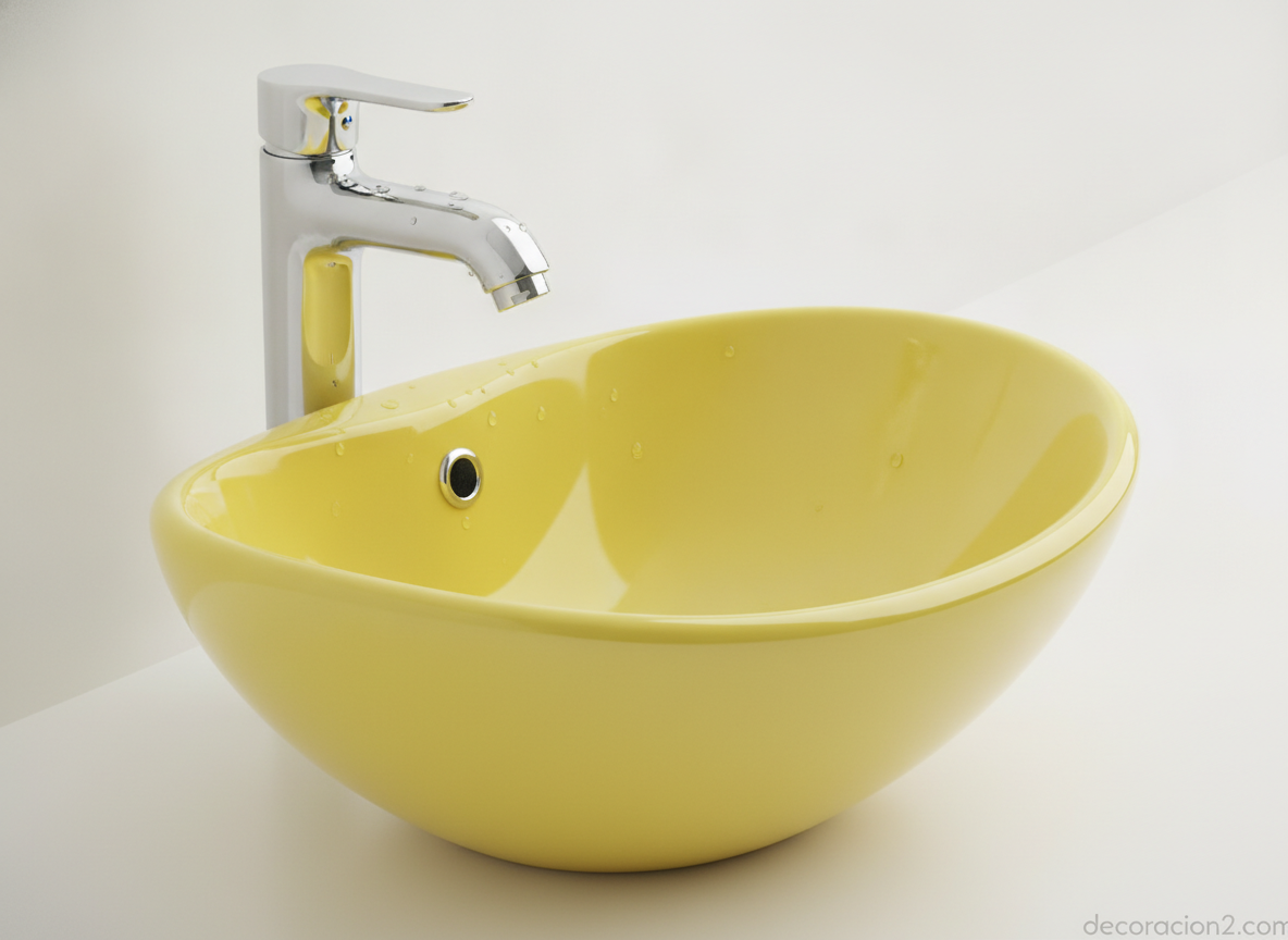 Detalle de un lavabo de cerámica esmaltada amarilla con forma redondeada
