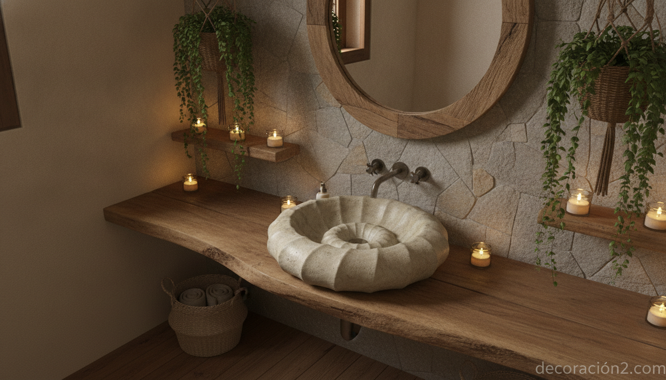 Lavabo de diseño en un baño de estilo natural wabi-sabi con piedra y plantas