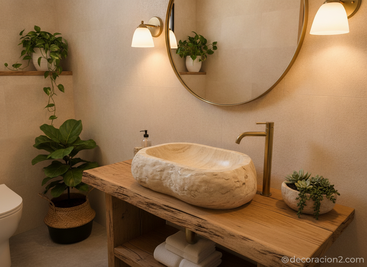 Lavabos de diseño originales: ideas que reinventan el cuarto de baño 6 Lavabo oval de piedra natural sobre encimera de madera en un baño cálido