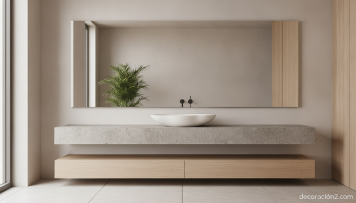 A wide, elegant photograph of a modern minimalist bathroom featuring a sculptural designer washbasin with an organic, flui... Baño moderno con lavabo de diseño de forma orgánica sobre encimera