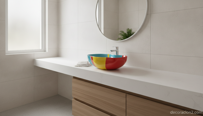 Baño de diseño moderno con lavabo de cerámica de colores vivos estilo Mariscal