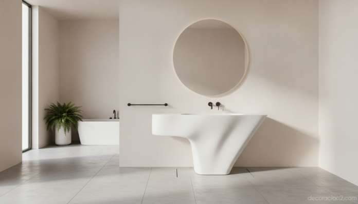 A bright, elegant modern bathroom interior showcasing an original sculptural designer washbasin as the centerpiece. Minima... Cuarto de baño moderno con un lavabo de diseño original como protagonista