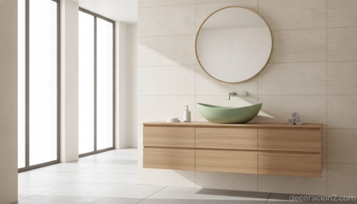 Lavabo de diseño The Race de Ceramic GSG en verde manzana en un baño moderno
