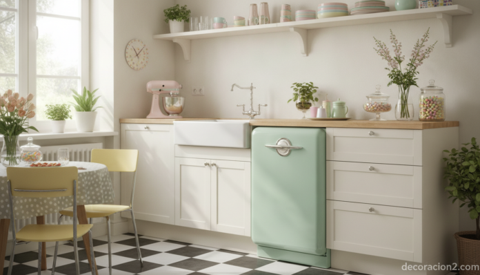 A bright cheerful retro-style kitchen featuring a colorful pastel mint-green vintage dishwasher with rounded 1950s design ... Lavavajillas retro de color en una cocina vintage luminosa