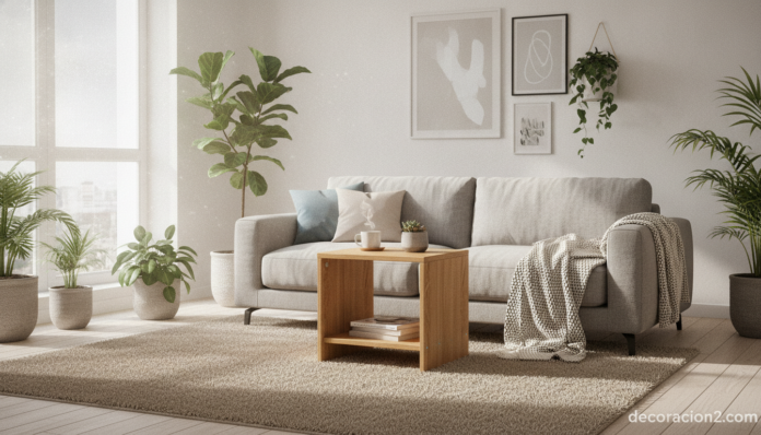 Mesa auxiliar multifuncional de madera en un salón nórdico luminoso