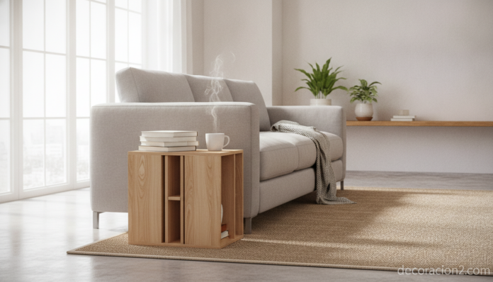 Mesa auxiliar multifuncional de madera junto a un sofá en un salón nórdico