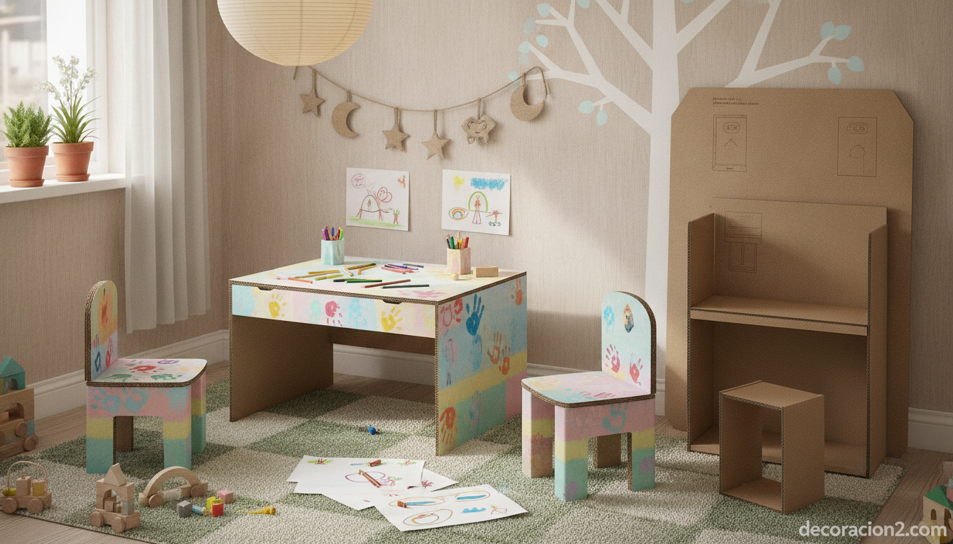 Mesa de cartón: muebles ecológicos, portátiles y sorprendentemente útiles 4 Mesa de cartón pintada en una habitación infantil con piezas planas para montar