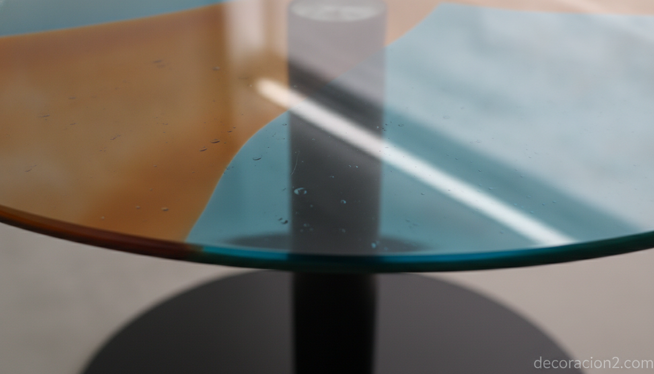 Detalle de la superficie de cristal de color de una mesa de centro de diseño