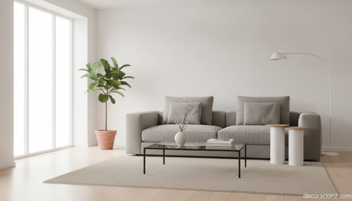 Mesa de centro minimalista de acero y cristal en un salón contemporáneo y luminoso