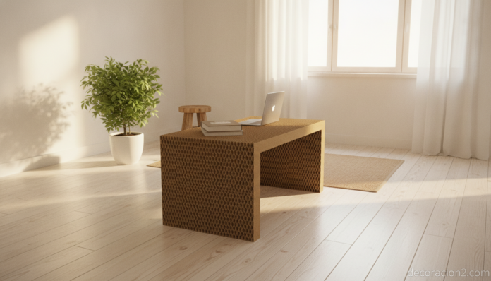 A minimalist eco-friendly cardboard table made of honeycomb recycled cardboard, standing in a bright Scandinavian style ro... Mesa de cartón ecológica de panal reciclado en un salón nórdico luminoso