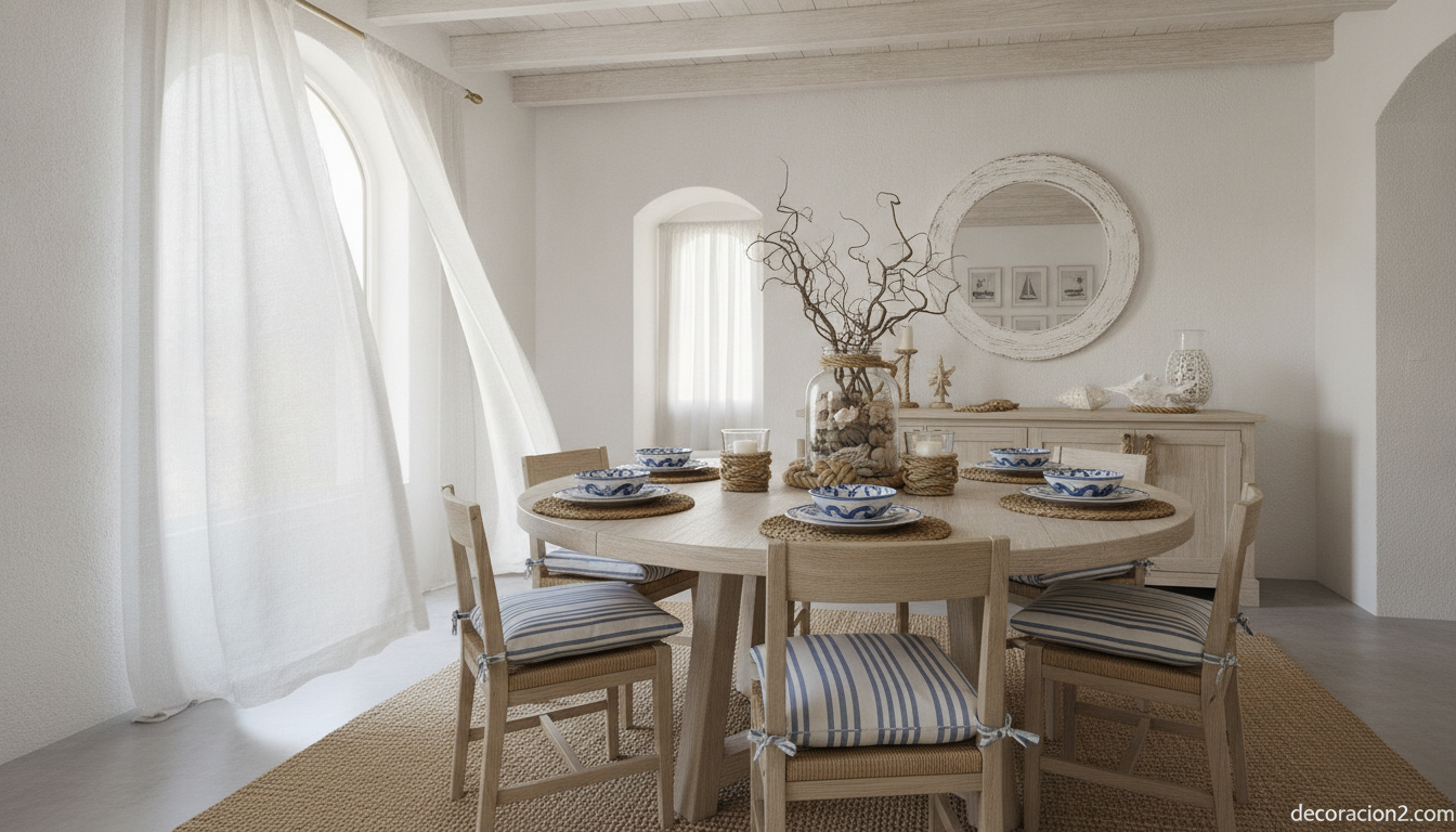 Comedor de estilo marinero con vajilla azul y blanca y detalles naturales