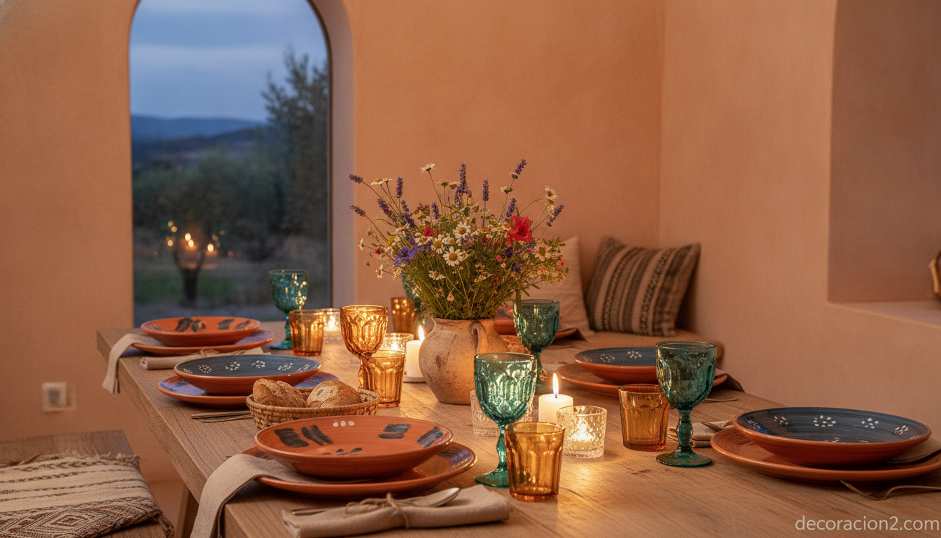 Mesa festiva con vajilla de colores y centro de mesa con velas