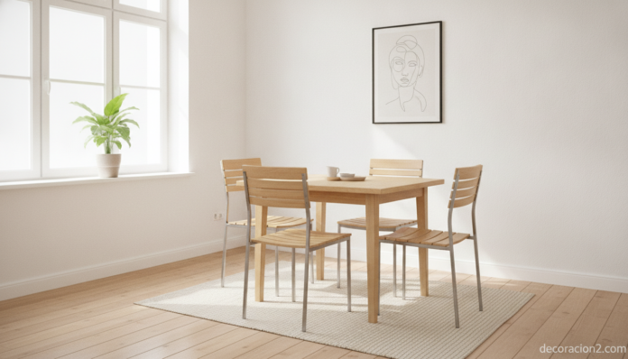 Mesa Fusion de Ikea con cuatro sillas modulares en un salón nórdico