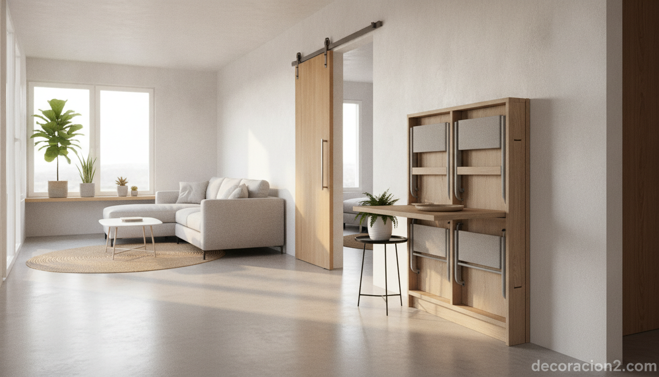Mesa modular recogida en un salón pequeño junto a una puerta corredera