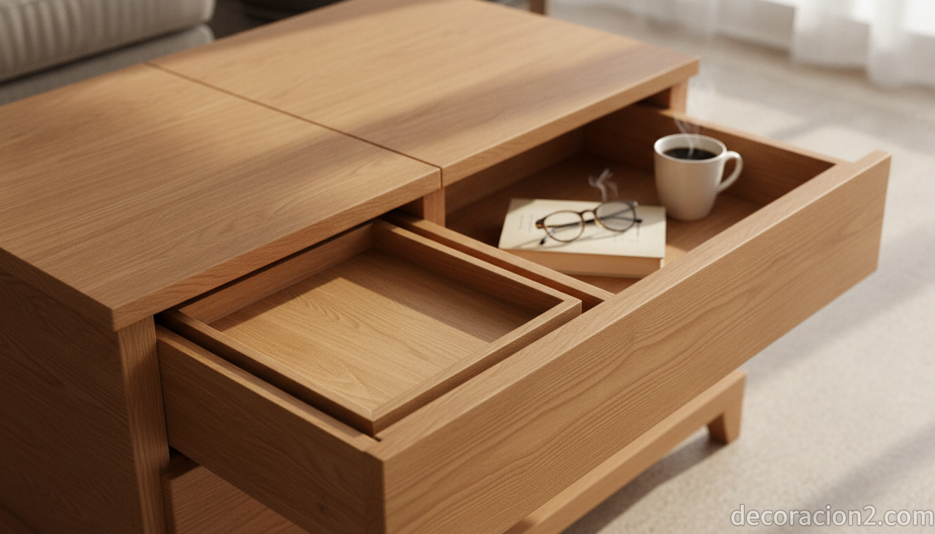 Detalle de mesa multifuncional con bandeja extraíble y cajón de almacenaje