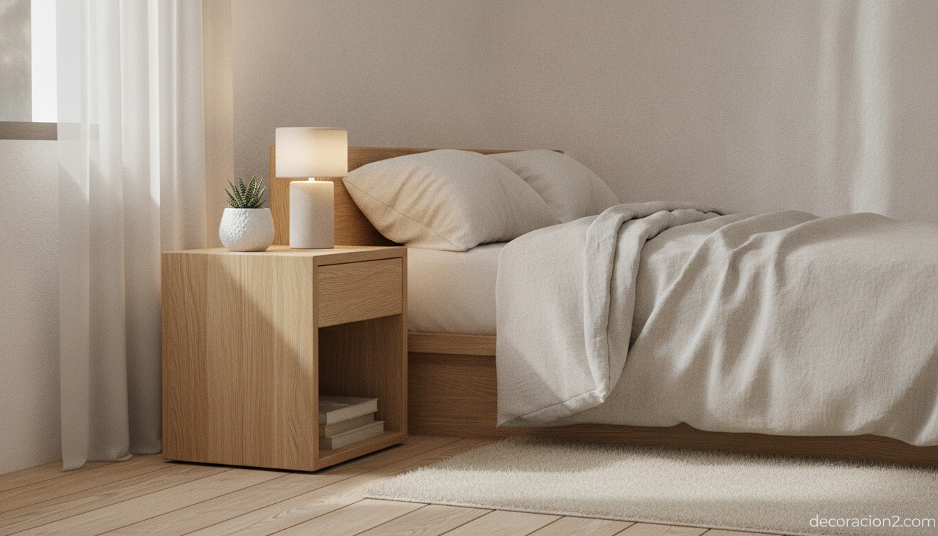 Mesa auxiliar multifuncional usada como mesita de noche en un dormitorio japandí