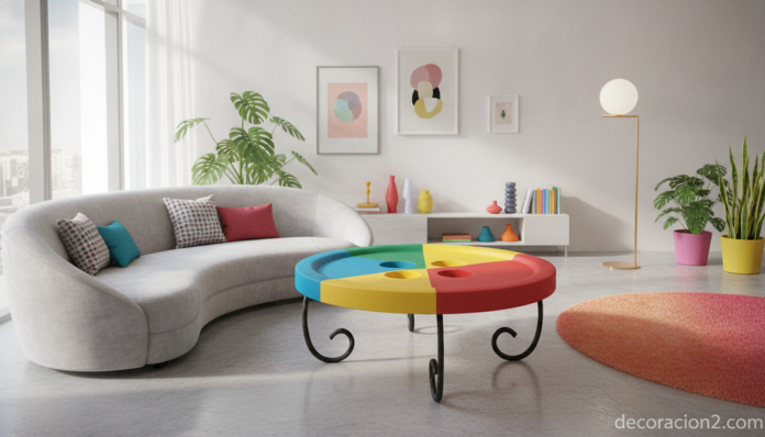 A modern, playful living room featuring an original design coffee table shaped like a giant oversized button made of color... Mesa original de diseño con forma de botón gigante en un salón moderno