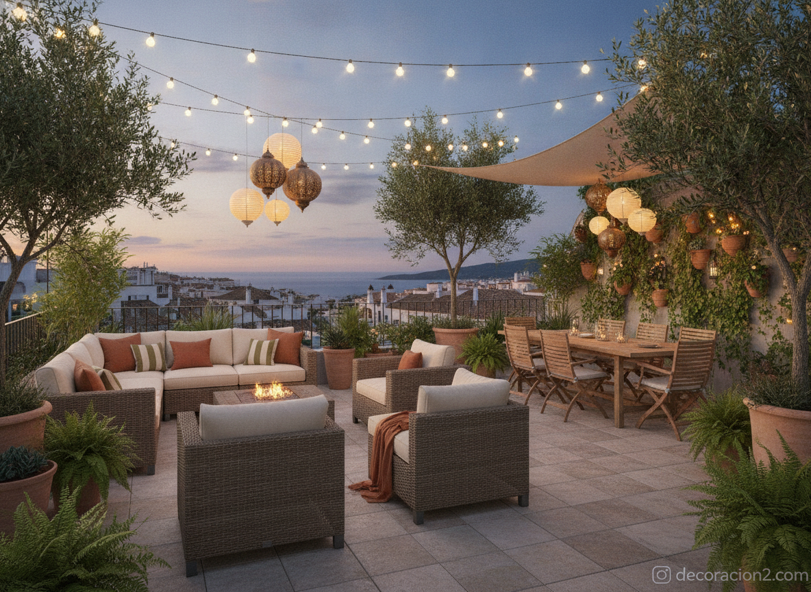 Terraza decorada con mobiliario de exterior, plantas e iluminación ambiental