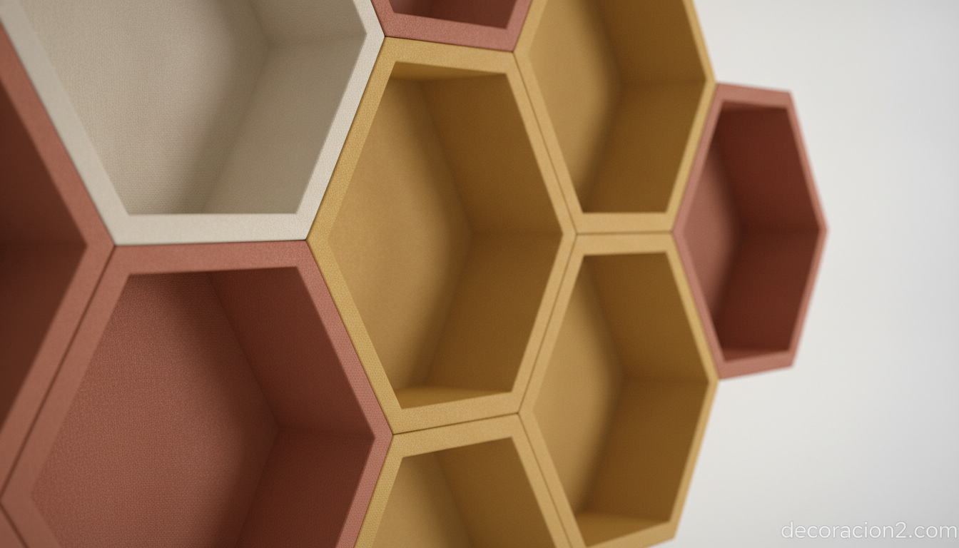Detalle de módulos hexagonales de la estantería panal mostrando profundidades y colores