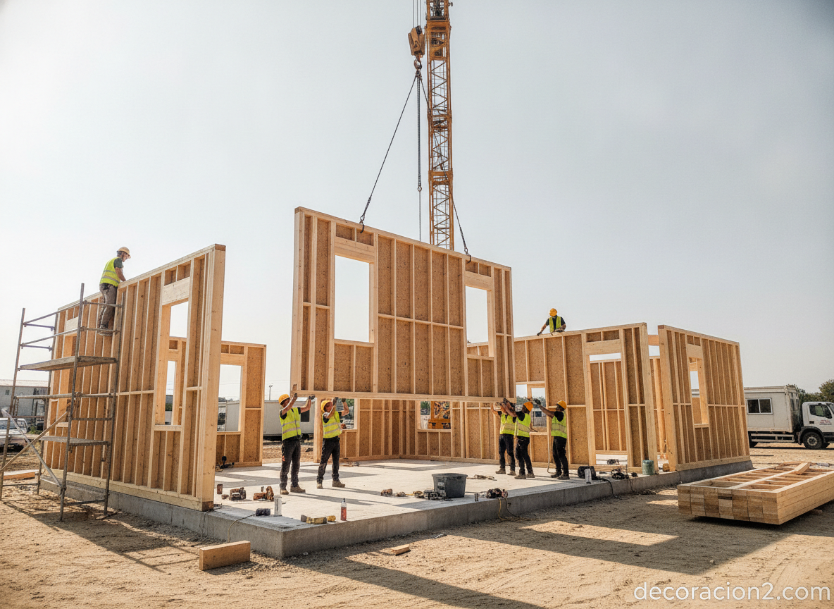 Crane ensamblando paneles prefabricados de madera en una obra de construcción modular