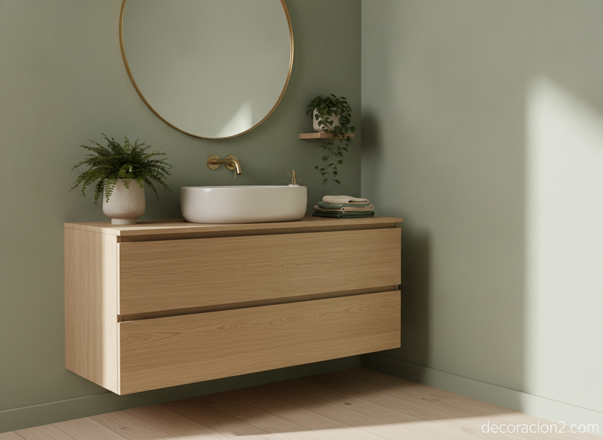Mueble de baño suspendido de madera con lavabo sobre encimera en estilo nórdico