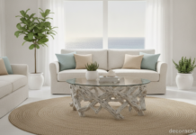 Mesa de madera de deriva con tablero de cristal en un salón de estilo costero