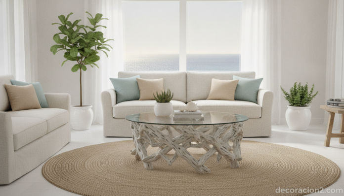 Mesa de madera de deriva con tablero de cristal en un salón de estilo costero