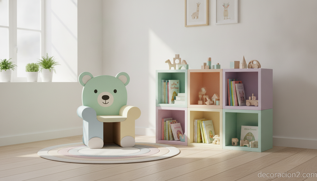 Muebles de cartón pintados y personalizados en una habitación infantil