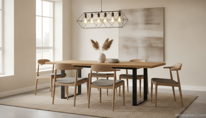 Mesa de comedor de muebles de madera y metal en un salón moderno