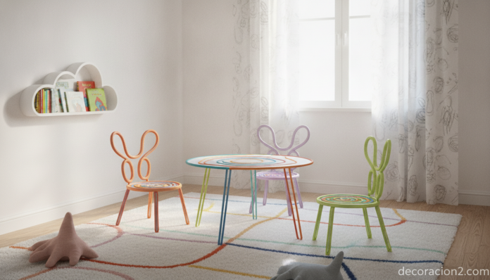 Muebles diseñados por niños con formas de dibujo en una habitación infantil colorida