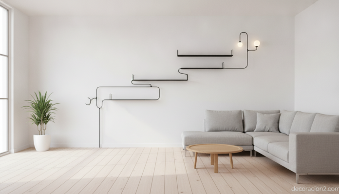 Salón minimalista con un mueble formado por una sola línea de metal negra en la pared