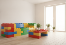 Muebles modulares con bloques tipo Lego: decora con color y creatividad Salón moderno decorado con muebles modulares de colores tipo bloques de Lego