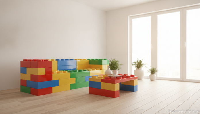 Salón moderno decorado con muebles modulares de colores tipo bloques de Lego