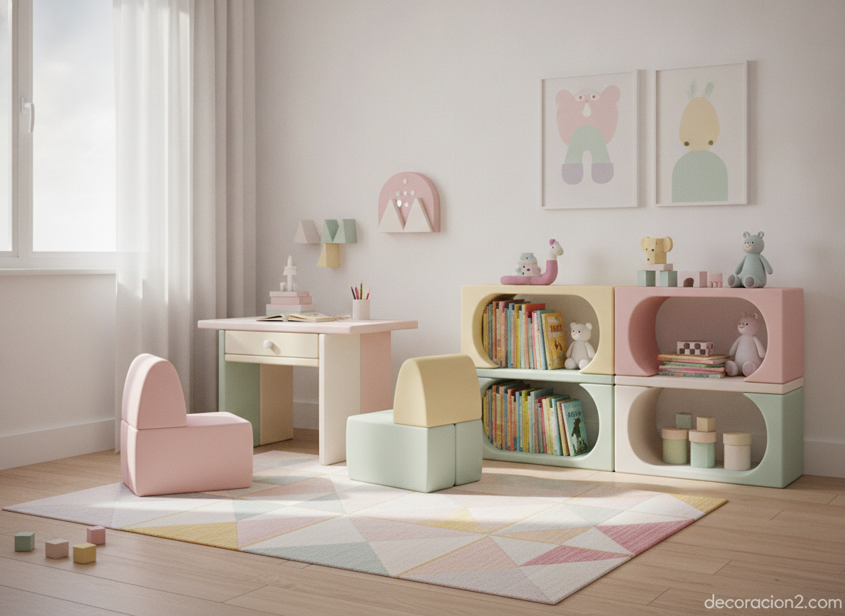 Dormitorio infantil con escritorio y asientos hechos de bloques modulares de colores