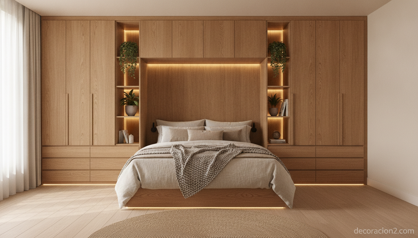Muebles modulares en un dormitorio aprovechando la pared hasta el techo