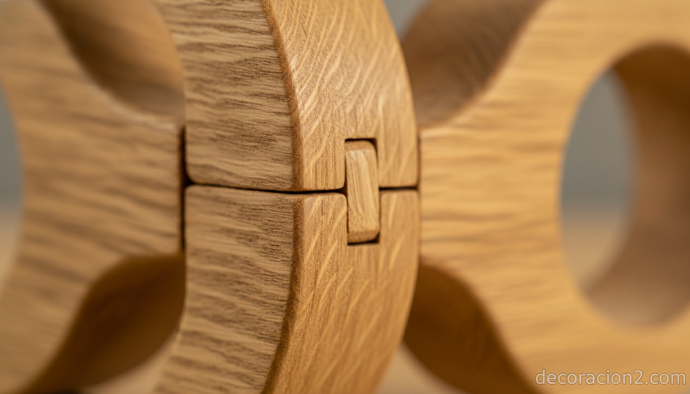 Detalle de las uniones articuladas de los módulos de madera del mueble Vertibral
