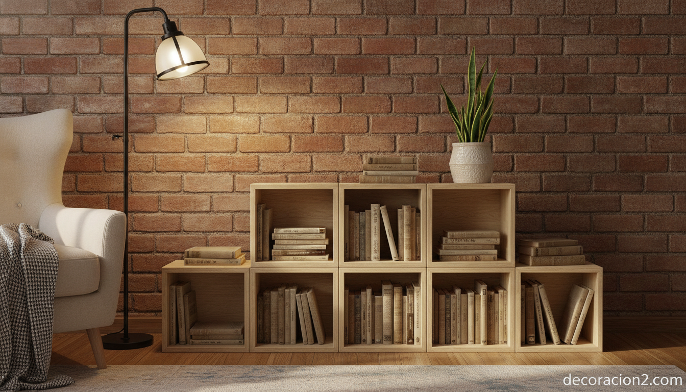 Mueble modular de madera configurado como estantería baja en un rincón de lectura