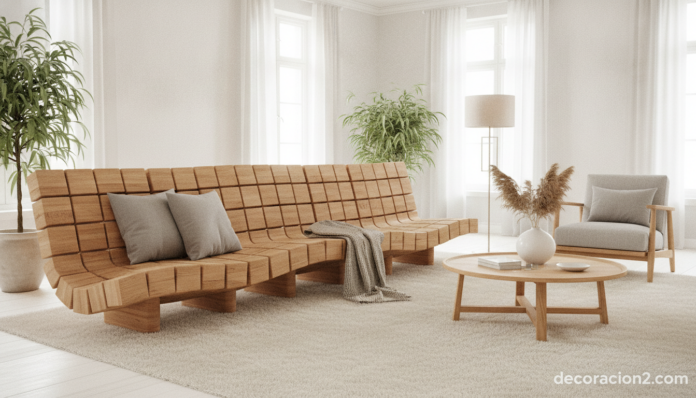 Mueble modular de madera Vertibral en forma ondulada en un salón moderno