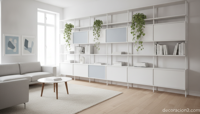 Muebles modulares en un salón luminoso para ganar espacio