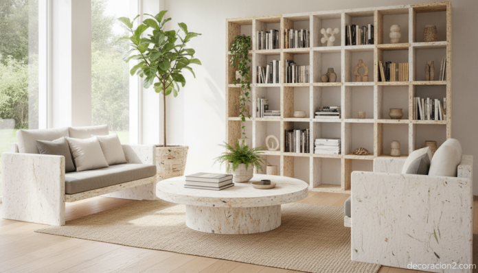 A bright modern living room featuring eco-friendly recycled paper furniture, a stylish bookshelf made of compressed recycl... Salón moderno con muebles de papel reciclado ecológicos de Way Basics