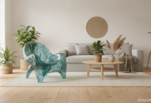 Muebles reciclados: silla de diseño hecha con plástico reciclado en un salón sostenible