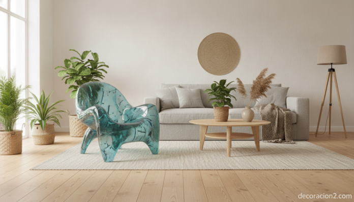 Muebles reciclados: silla de diseño hecha con plástico reciclado en un salón sostenible