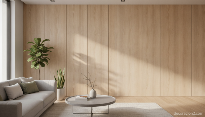 Salón moderno con pared revestida de paneles decorativos de madera vertical