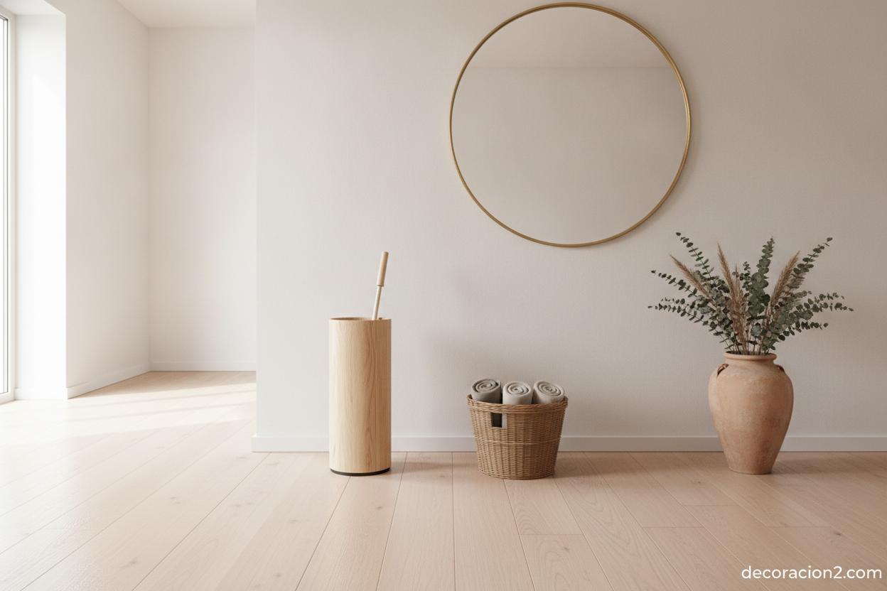 Paragüero de madera de líneas limpias en un recibidor de estilo nórdico