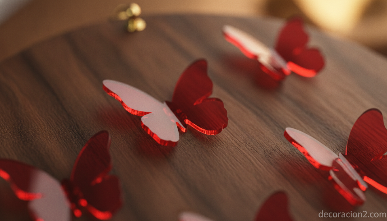 Detalle de las mariposas de acrílico rojo sobre la base de madera de nogal
